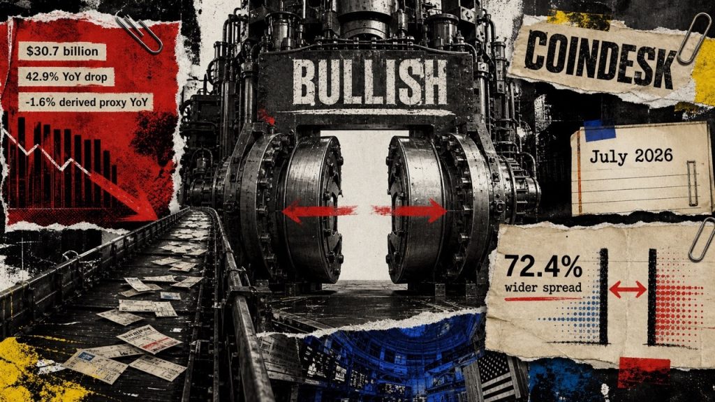 CoinDesk owner Bullish volume fell 43%, but a 72% spread jump nearly offset the annual decline