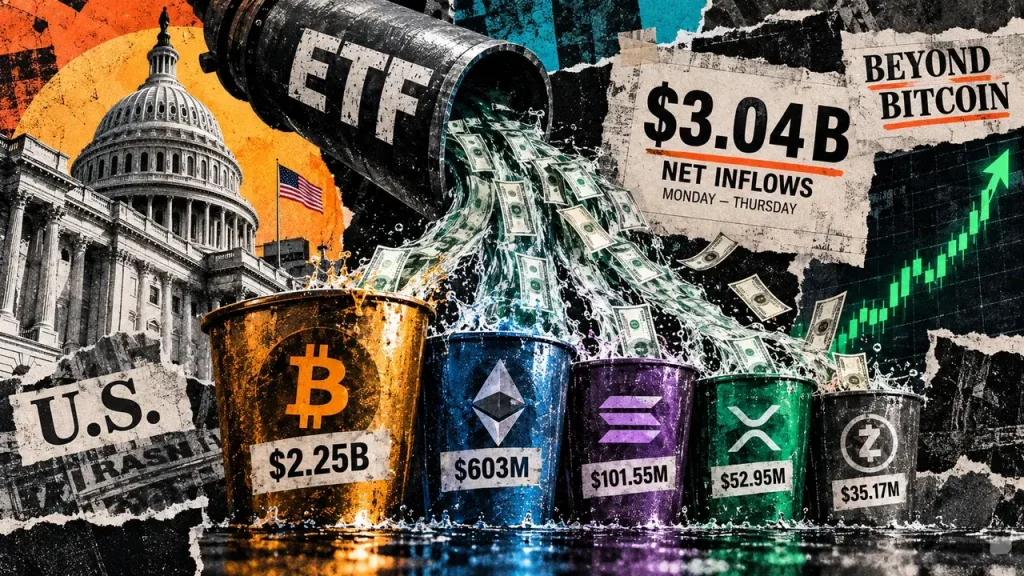 US crypto ETFs draw over $3 billion this week, with nearly $800 million flowing beyond Bitcoin